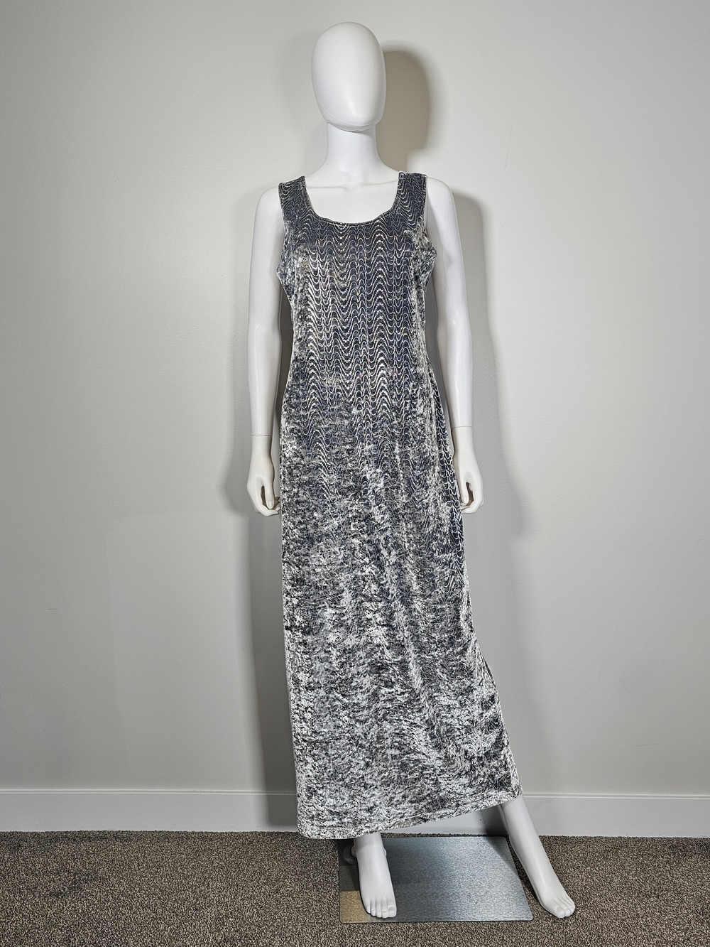Joseph Ribkoff VintageSilver Crushed Velvet Sleeveless Metallic Maxi Dress Sz 12